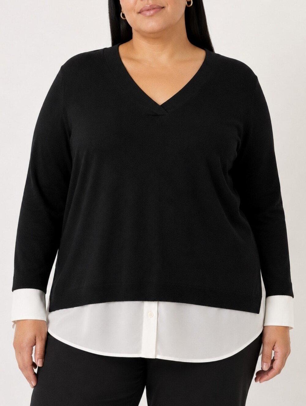 J.Jill Black Soft Knit Layered V-Neck Twofer Sweater Shirttail Hem Women's 2X
